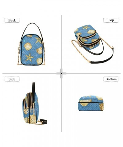 Blue and Gold Seashells Starfish Womens Sling Backpack Crossbody Chain Shoulder Bags Waist Packs Multipurpose Handbags for Tr...