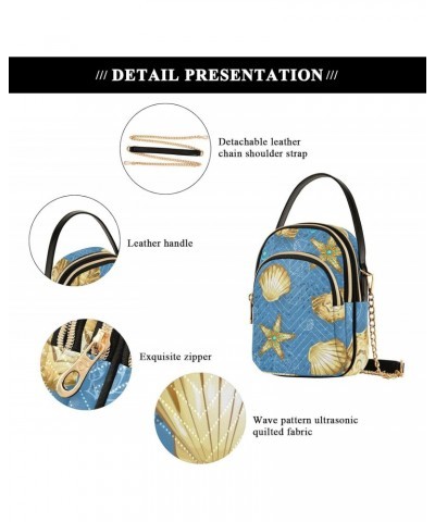 Blue and Gold Seashells Starfish Womens Sling Backpack Crossbody Chain Shoulder Bags Waist Packs Multipurpose Handbags for Tr...