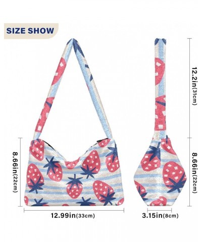 Strawberry Blue Stripe Furry Tote Bag for Women Crossbody Bag Tote Handbags Tote Handbag with Zipper for Work $11.96 Totes