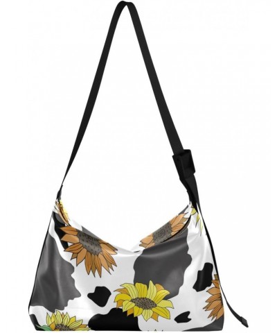 Shoulder Bags Vector Black White Cow Print Sunflowers Adults Large Sling Bag Womens Crossbody Tote Bag $14.19 Totes