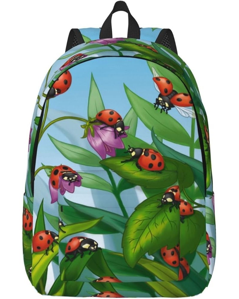 Ladybug Print Unisex Canvas Backpack Cute Backpack For Travel Sports Casual Aesthetic Backpack Black Medium $23.05 Backpacks