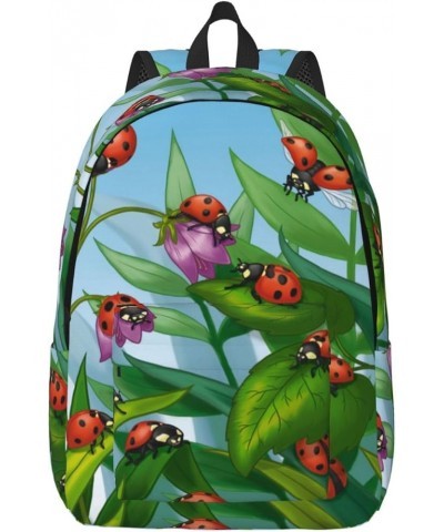 Ladybug Print Unisex Canvas Backpack Cute Backpack For Travel Sports Casual Aesthetic Backpack Black Medium $23.05 Backpacks