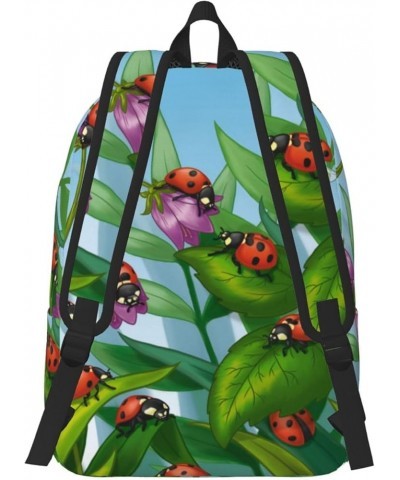 Ladybug Print Unisex Canvas Backpack Cute Backpack For Travel Sports Casual Aesthetic Backpack Black Medium $23.05 Backpacks