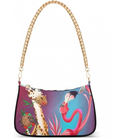 Giraffe Flamingo Shoulder Bag for Women Fabric Crescent Handbag with Zipper Chain Clutch Purses for Concert Teen Girls Travel...