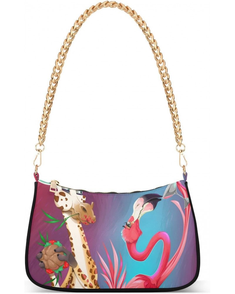 Giraffe Flamingo Shoulder Bag for Women Fabric Crescent Handbag with Zipper Chain Clutch Purses for Concert Teen Girls Travel...