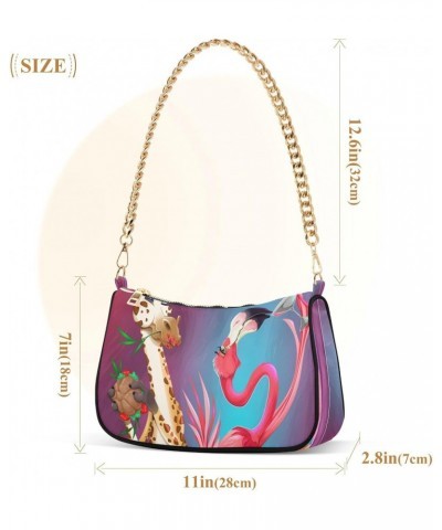 Giraffe Flamingo Shoulder Bag for Women Fabric Crescent Handbag with Zipper Chain Clutch Purses for Concert Teen Girls Travel...