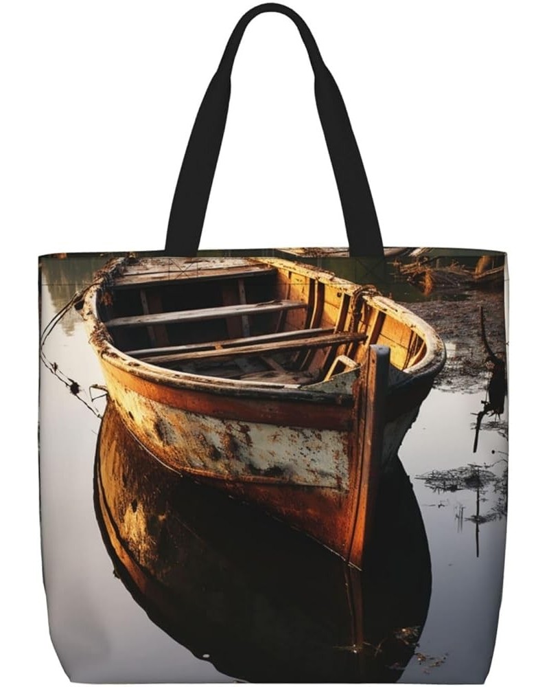 Tote Bag for Women Orange Monarch Butterflies Tote Bags with Zipper Large Capacity Casual Shoulder Handbags Rusted River Boat...