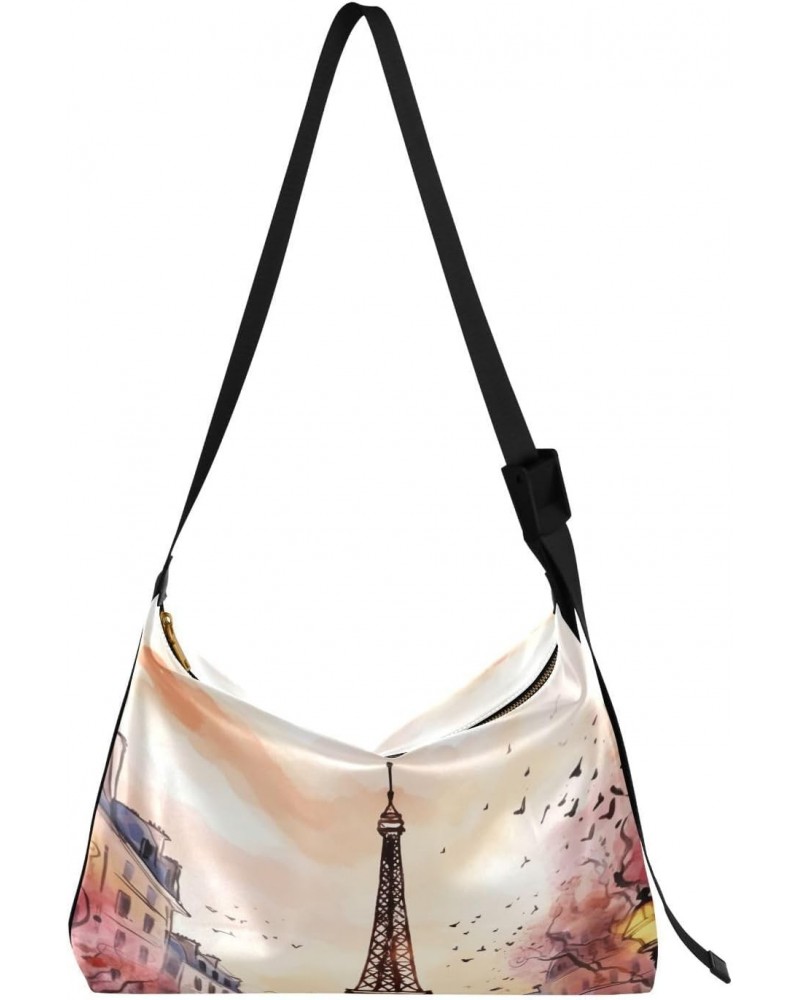 Watercolor Eiffel Tower Shoulder Bag Purse for Women,Large Leather Handbag Crossbody Bags Adjustable Straps Tote Bag Hobo Bag...