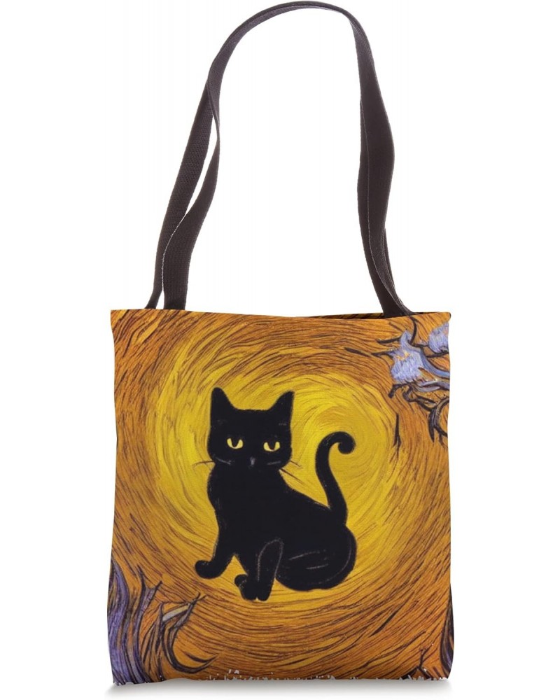 Cute Black Kitten Silhouette Golden Starry Night Cat Lover Tote Bag $12.49 Totes