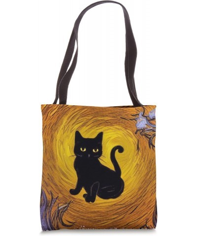 Cute Black Kitten Silhouette Golden Starry Night Cat Lover Tote Bag $12.49 Totes