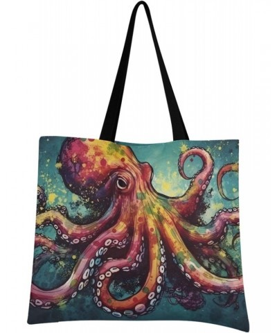 Canvas Tote Bag Aesthetic for Women (Colorful Octopus) Print with Inner Pocket, Big Storage Shoulder Bag Grocery Bag Purse fo...