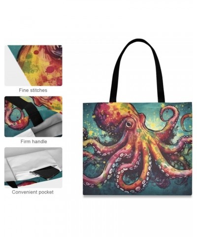 Canvas Tote Bag Aesthetic for Women (Colorful Octopus) Print with Inner Pocket, Big Storage Shoulder Bag Grocery Bag Purse fo...