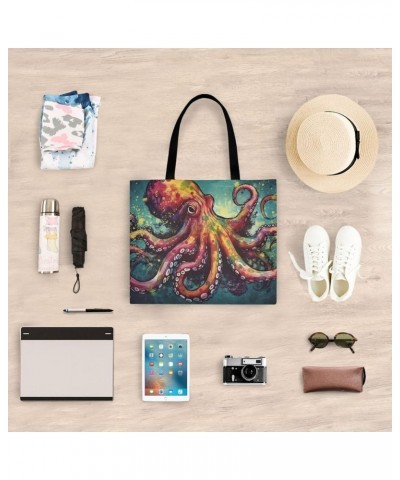 Canvas Tote Bag Aesthetic for Women (Colorful Octopus) Print with Inner Pocket, Big Storage Shoulder Bag Grocery Bag Purse fo...