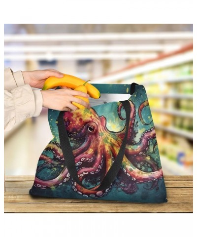 Canvas Tote Bag Aesthetic for Women (Colorful Octopus) Print with Inner Pocket, Big Storage Shoulder Bag Grocery Bag Purse fo...