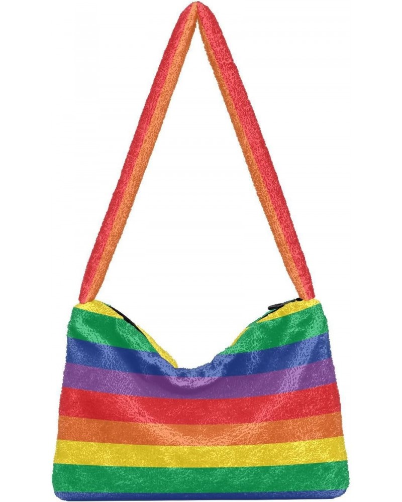 Rainbow Striped Fluffy Tote Bag Shoulder Bag Crossbody Bags Purse Handbag for Women Daily Gifts with Zipper $9.66 Totes