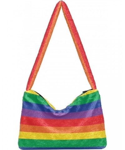 Rainbow Striped Fluffy Tote Bag Shoulder Bag Crossbody Bags Purse Handbag for Women Daily Gifts with Zipper $9.66 Totes