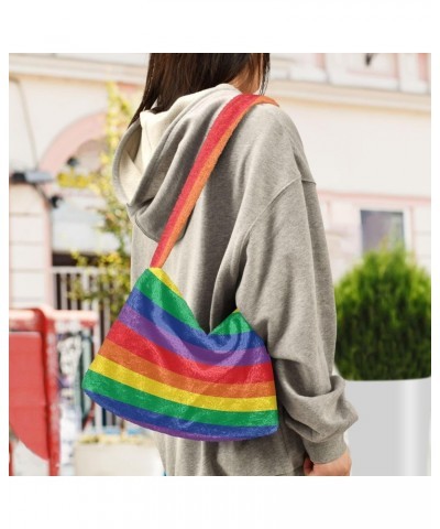 Rainbow Striped Fluffy Tote Bag Shoulder Bag Crossbody Bags Purse Handbag for Women Daily Gifts with Zipper $9.66 Totes