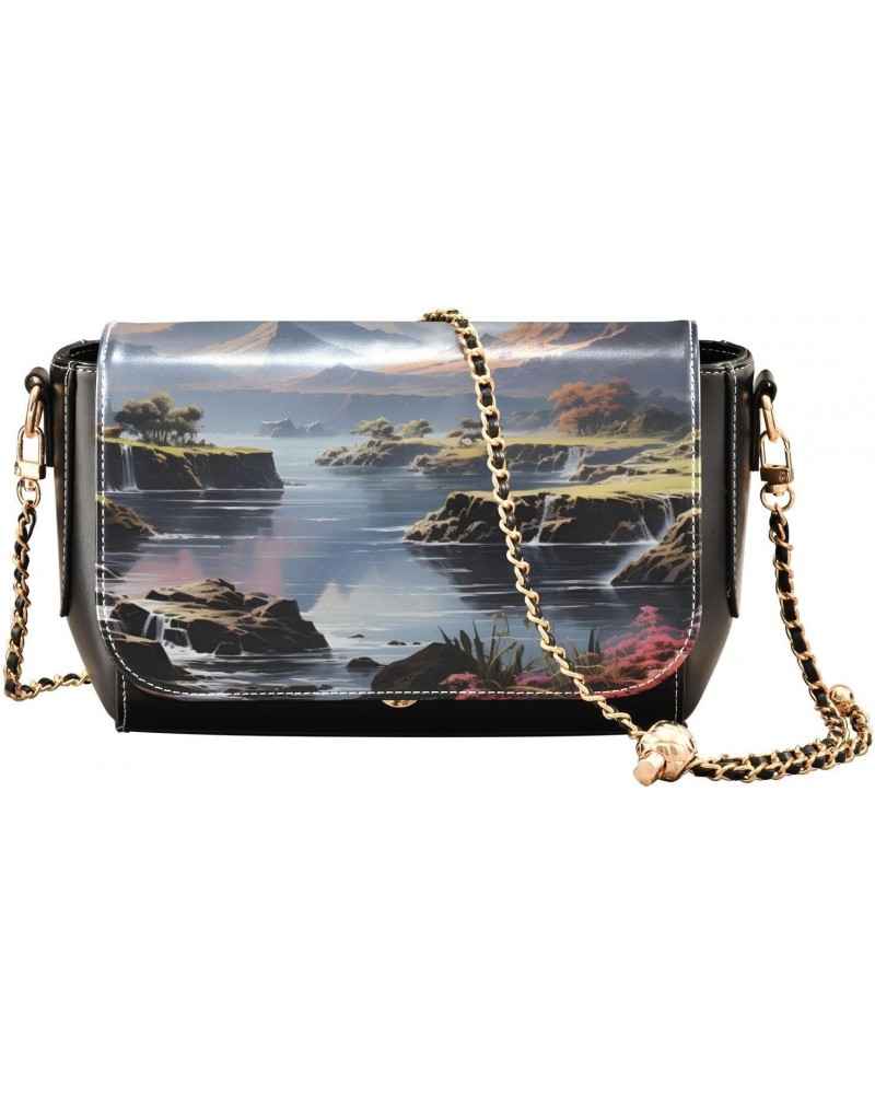 Fantasy Mountain Stylish Leather Clamshell Crossbody Handbag with Detachable Adjustable Shoulder Strap $22.39 Crossbody Bags