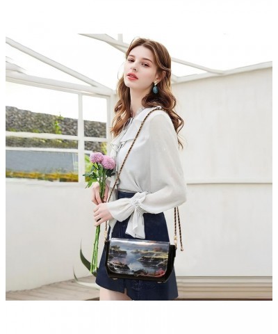 Fantasy Mountain Stylish Leather Clamshell Crossbody Handbag with Detachable Adjustable Shoulder Strap $22.39 Crossbody Bags