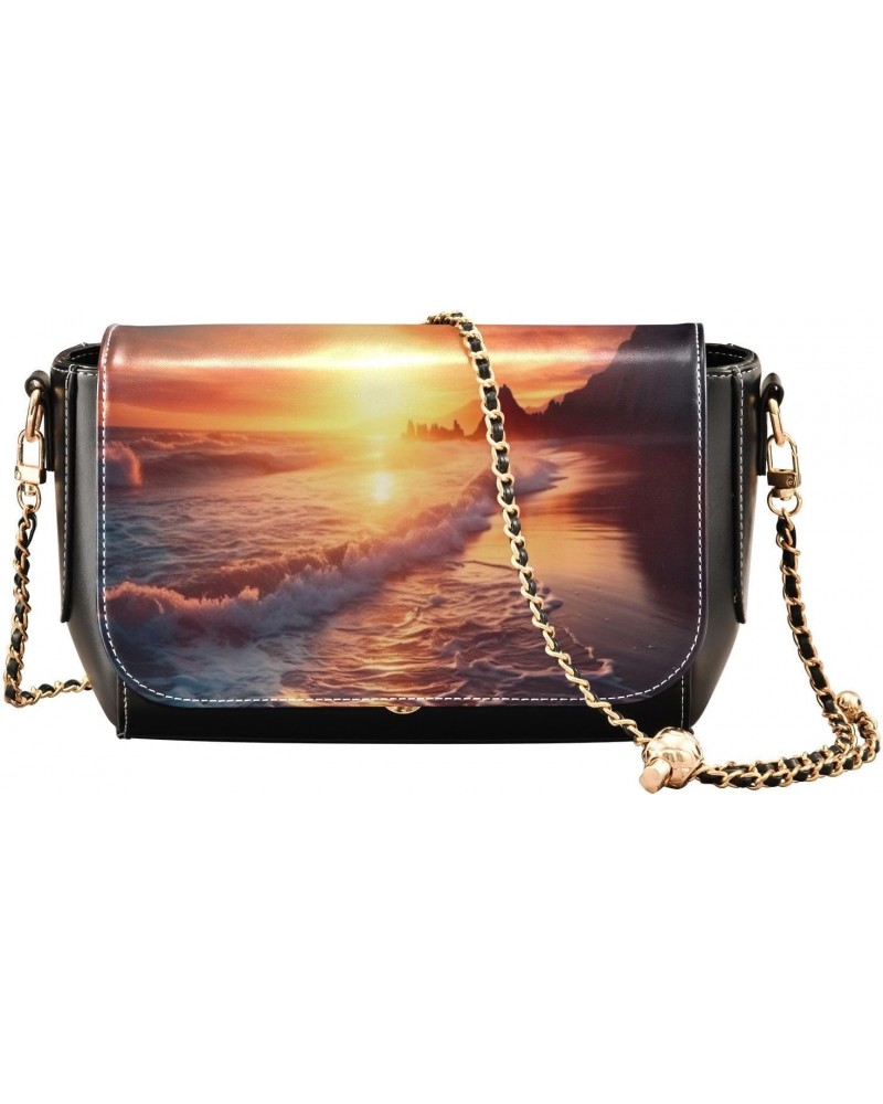 Seacoast Seascape Sunset Crossbody Bags for Women Retro Cross Body Purse Small PU Leather Shoulder Handbags with Chain Strap ...