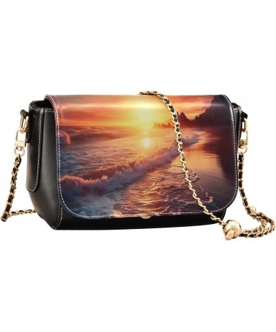 Seacoast Seascape Sunset Crossbody Bags for Women Retro Cross Body Purse Small PU Leather Shoulder Handbags with Chain Strap ...