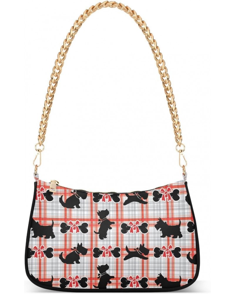 Women Chain Shoulder Purse Bag With Zipper Scottish Plaid Dog Print, Bow Bone Hobo Tote Clutch Handbags with Chain Strap $17....