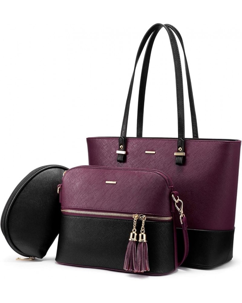 Purses and Handbags for Women Fashion Tote Bags Shoulder Bag Top Handle Satchel Bags 3pcs-2 Purple/Black $18.45 Totes