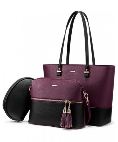 Purses and Handbags for Women Fashion Tote Bags Shoulder Bag Top Handle Satchel Bags 3pcs-2 Purple/Black $18.45 Totes