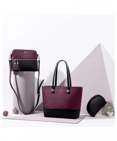 Purses and Handbags for Women Fashion Tote Bags Shoulder Bag Top Handle Satchel Bags 3pcs-2 Purple/Black $18.45 Totes