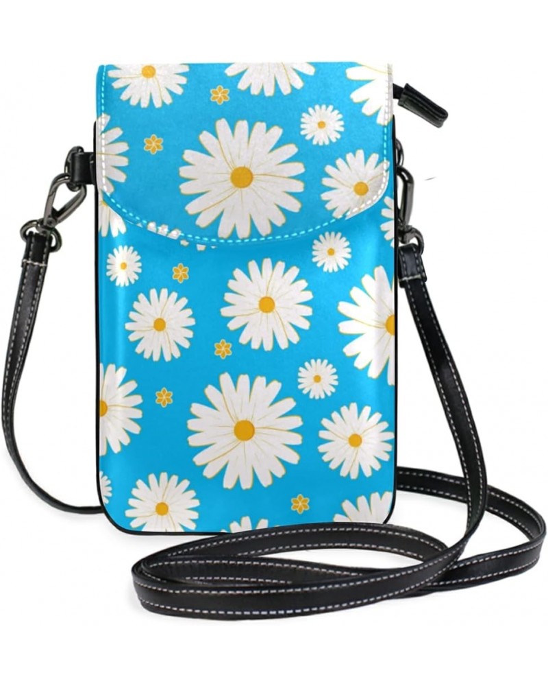 Lightweight Leather Phone Purse, Small Crossbody Bag Mini Daisy Flower Blue Cell Phone purse Shoulder Bag with Strap for Wome...