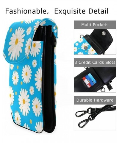 Lightweight Leather Phone Purse, Small Crossbody Bag Mini Daisy Flower Blue Cell Phone purse Shoulder Bag with Strap for Wome...