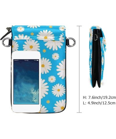 Lightweight Leather Phone Purse, Small Crossbody Bag Mini Daisy Flower Blue Cell Phone purse Shoulder Bag with Strap for Wome...