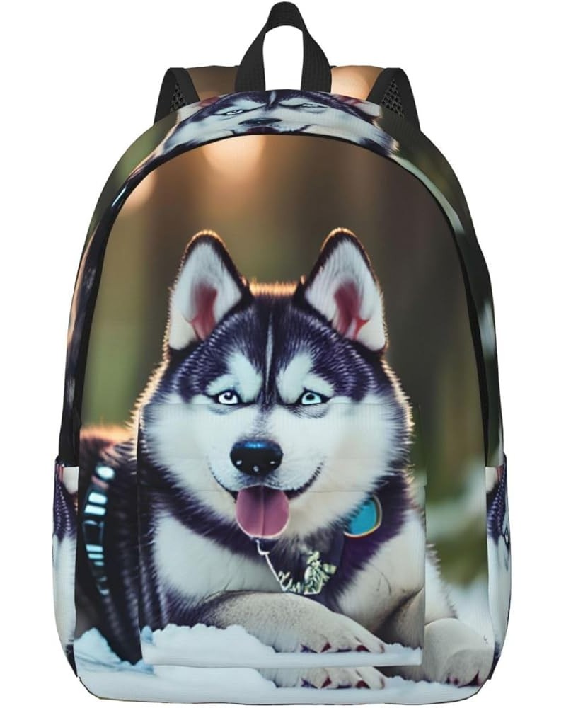 Husky Dog Print Casual Double Shoulder Daypack,Anti-Theft Travel Canvas Backpack For Men And Women Black Medium $23.33 Backpacks