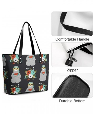 Womens Handbag Sloth And Flowers Leather Tote Bag Top Handle Satchel Bags For Lady $16.10 Totes