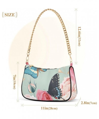 Peony Roses Butterfly Handbags for Women Chain Shoulder Bag Womens Tote Chain Bag with Zipper $17.39 Shoulder Bags