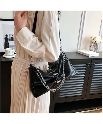 Pleated single back crossbody fashion versatile oilskin women's bag Black $16.81 Crossbody Bags