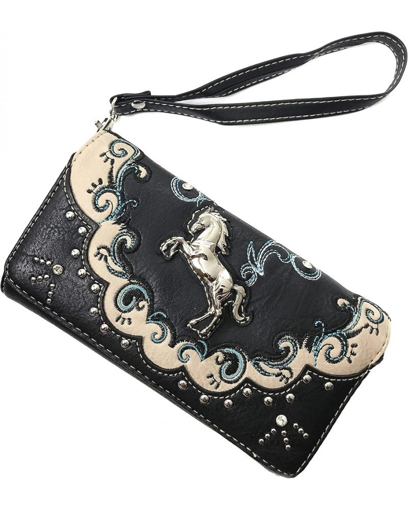 Western Mustang Horse Turquoise Women Crossbody Wrist Trifold Wallet Black $14.54 Wallets