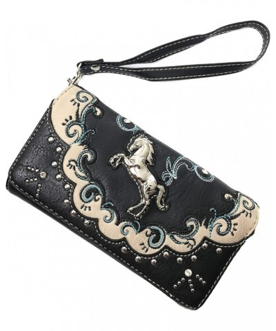 Western Mustang Horse Turquoise Women Crossbody Wrist Trifold Wallet Black $14.54 Wallets