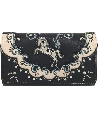 Western Mustang Horse Turquoise Women Crossbody Wrist Trifold Wallet Black $14.54 Wallets