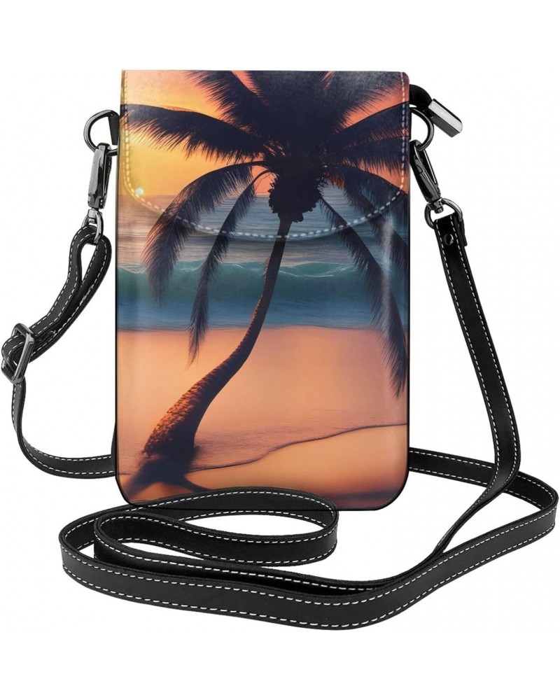 women Small Cell Phone Purse Sunset Palm Tree Ocean pattern Soft, durable and waterproof PU leather Convenient for daily use ...