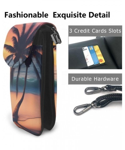 women Small Cell Phone Purse Sunset Palm Tree Ocean pattern Soft, durable and waterproof PU leather Convenient for daily use ...