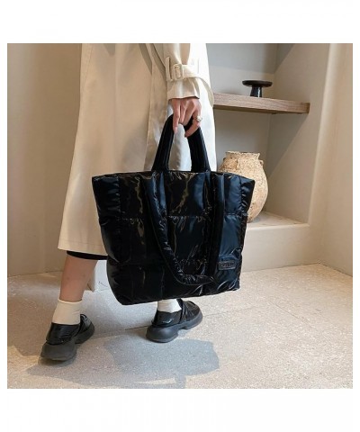 Women Down Padding Tote Bag Solid Color Checkered Quilted Handbag Large Capacity Autumn Winter Female Bag Black $11.02 Totes