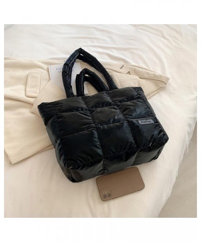 Women Down Padding Tote Bag Solid Color Checkered Quilted Handbag Large Capacity Autumn Winter Female Bag Black $11.02 Totes