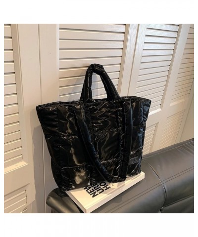 Women Down Padding Tote Bag Solid Color Checkered Quilted Handbag Large Capacity Autumn Winter Female Bag Black $11.02 Totes