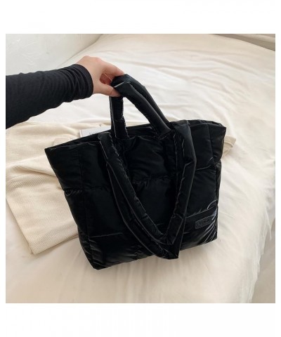 Women Down Padding Tote Bag Solid Color Checkered Quilted Handbag Large Capacity Autumn Winter Female Bag Black $11.02 Totes