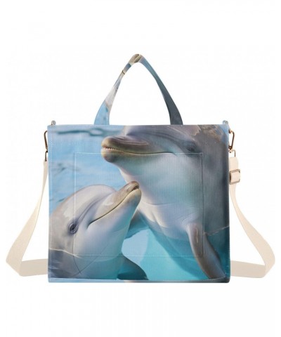 Tote Bag Dolphin Swimming in Water Trendy Corduroy Bag Crossbody Bag with Zipper and Magnetic Clasp $16.22 Totes