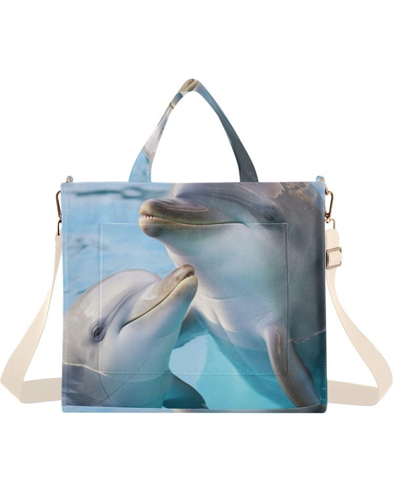 Tote Bag Dolphin Swimming in Water Trendy Corduroy Bag Crossbody Bag with Zipper and Magnetic Clasp $16.22 Totes