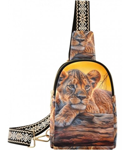 Women's Sling Bag Cute Lion Cub Print with Adjustable Strap Zipper Closure, PU Leather Water Resistant Crossbody Bag Purse Ch...