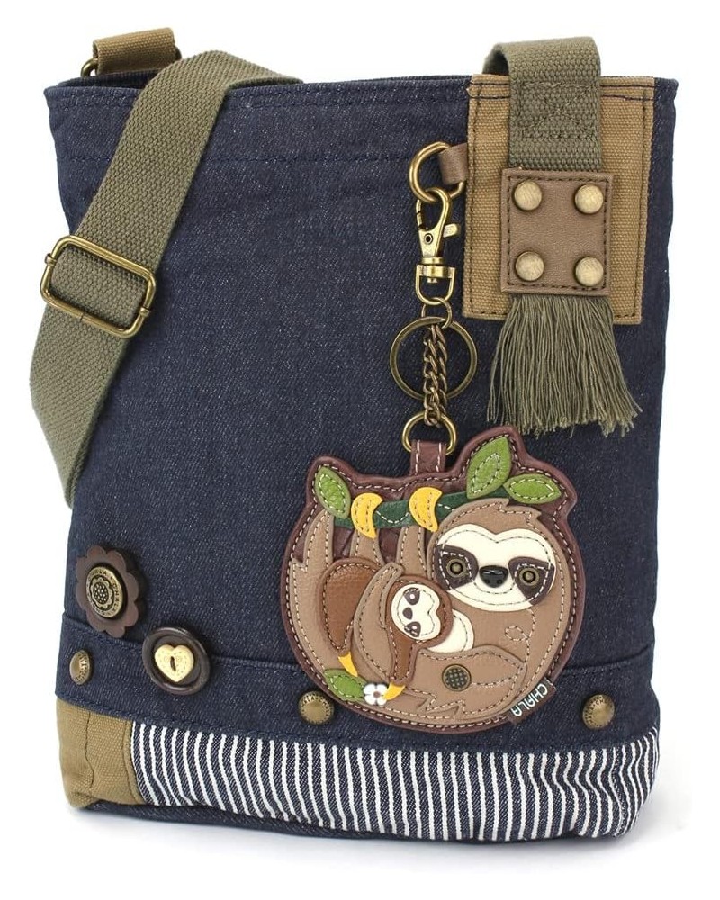 Patch Cross-Body Women Handbag, Blue Denim Canvas Messenger Bag Sloth Family - Denim $30.09 Crossbody Bags