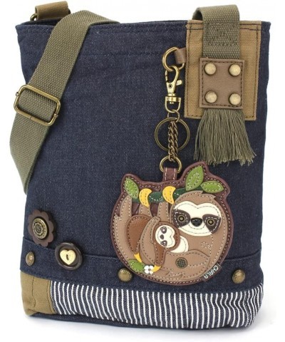 Patch Cross-Body Women Handbag, Blue Denim Canvas Messenger Bag Sloth Family - Denim $30.09 Crossbody Bags